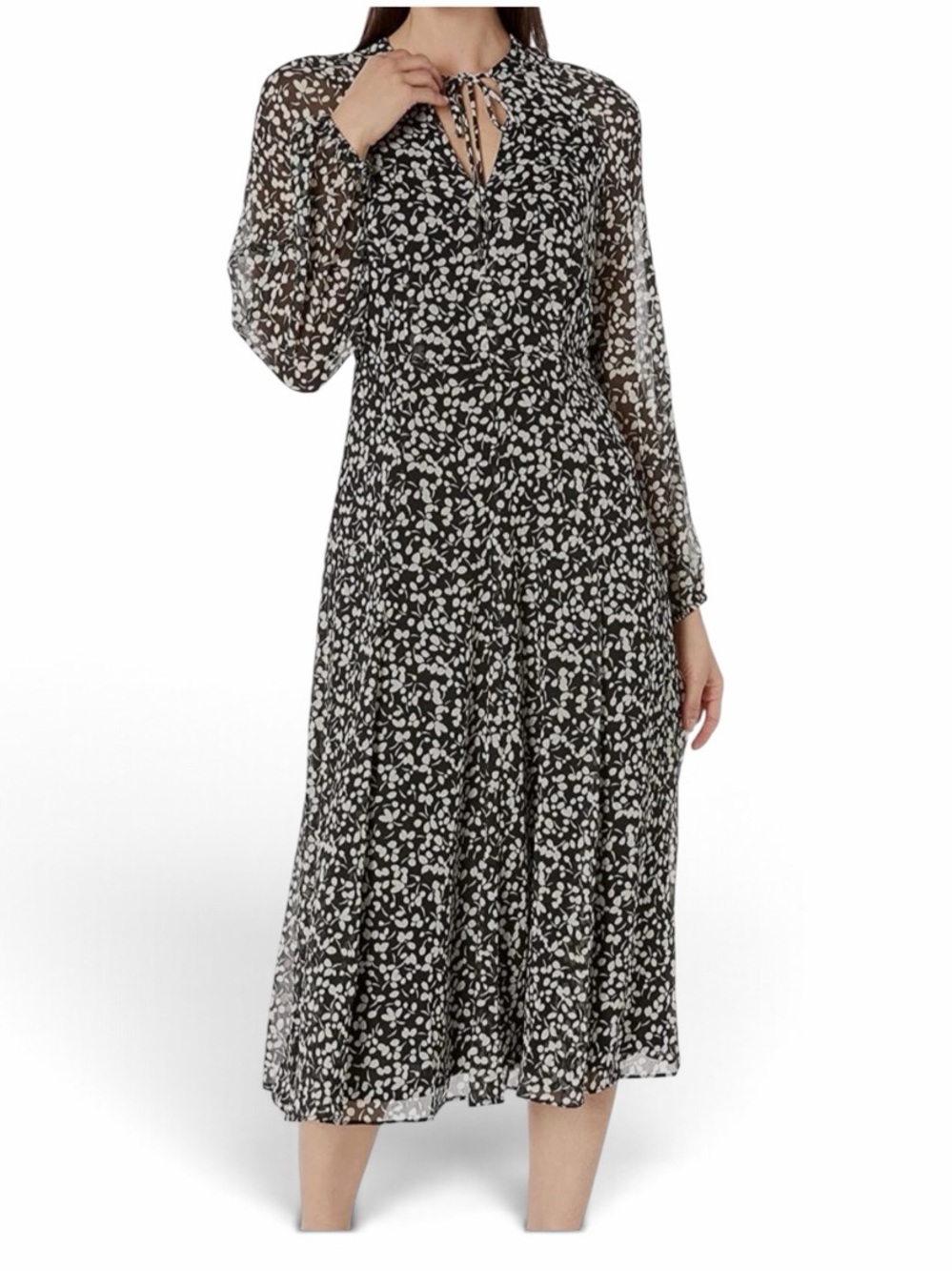 NWT Tommy Hilfiger Dress Womens Size 10 Black & White Leaf Midi Long Sleeve